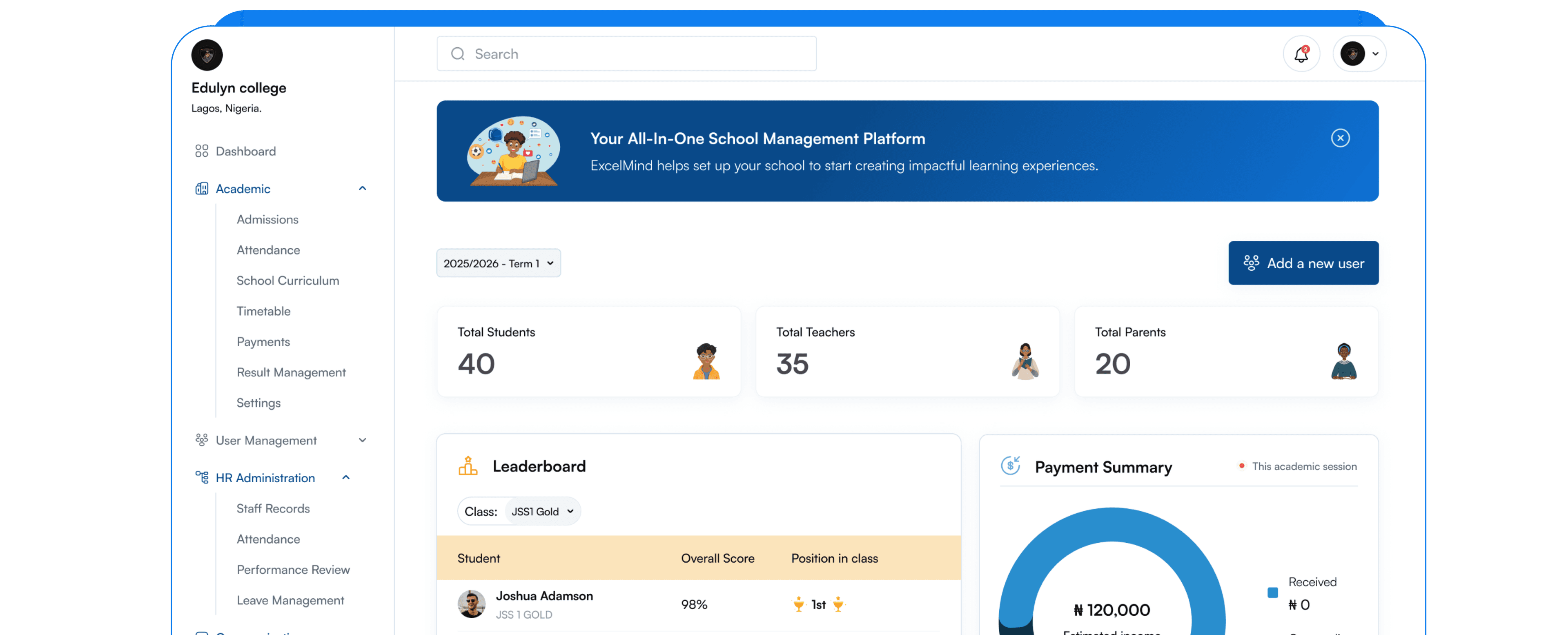 Excelmind school management dashboard